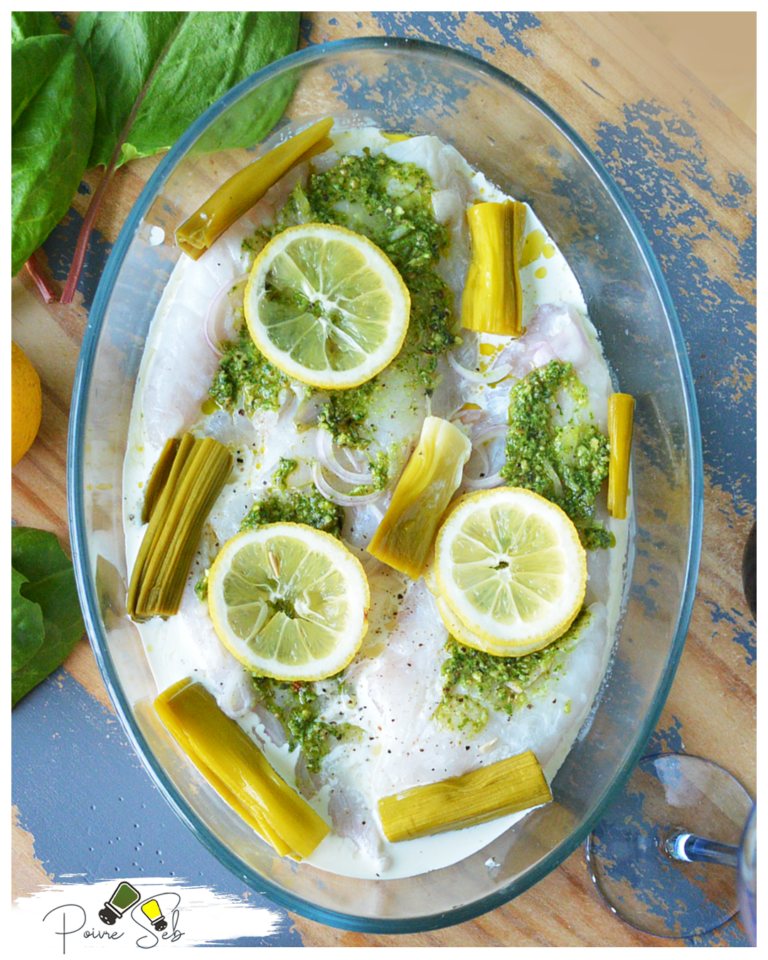 Dos de cabillaud au pesto d’oseille, sauce crémeuse au citron et vin blanc